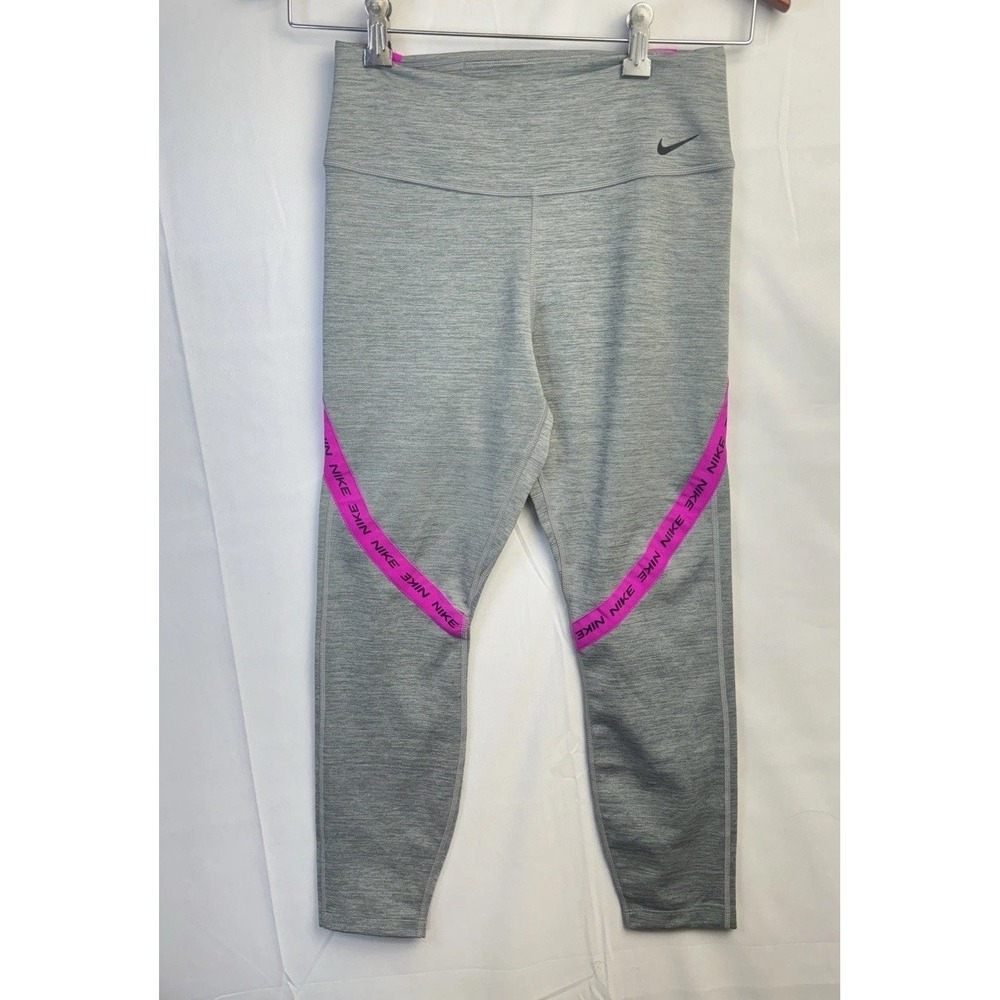 Nike Dri-FIT Gray High-Rise Leggings M Pink Logo Tape‎ Trim Athleisure Workout